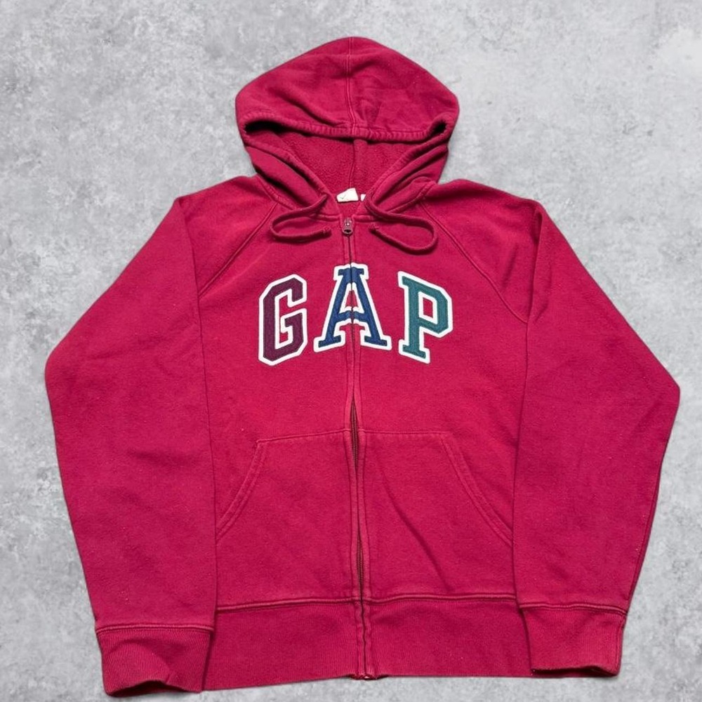 Vintage GAP Y2K Zip Up Hoodie Spellout Embroidered Burgundy Red Medium